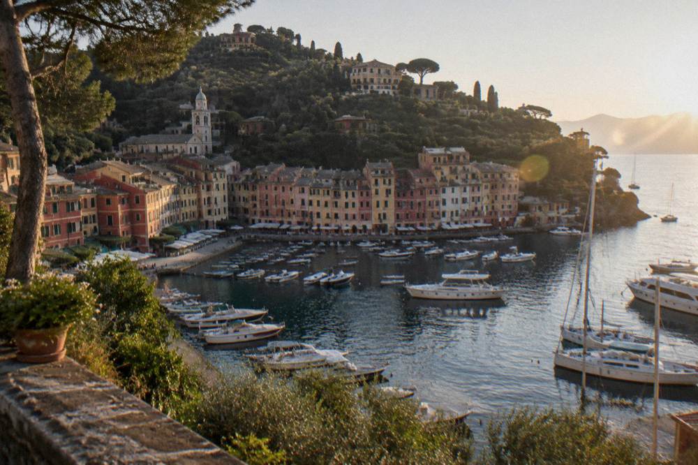 A tiny horseshoe harbour packed with small boats, tall pastel houses with green shutters and a pine-covered headland behind